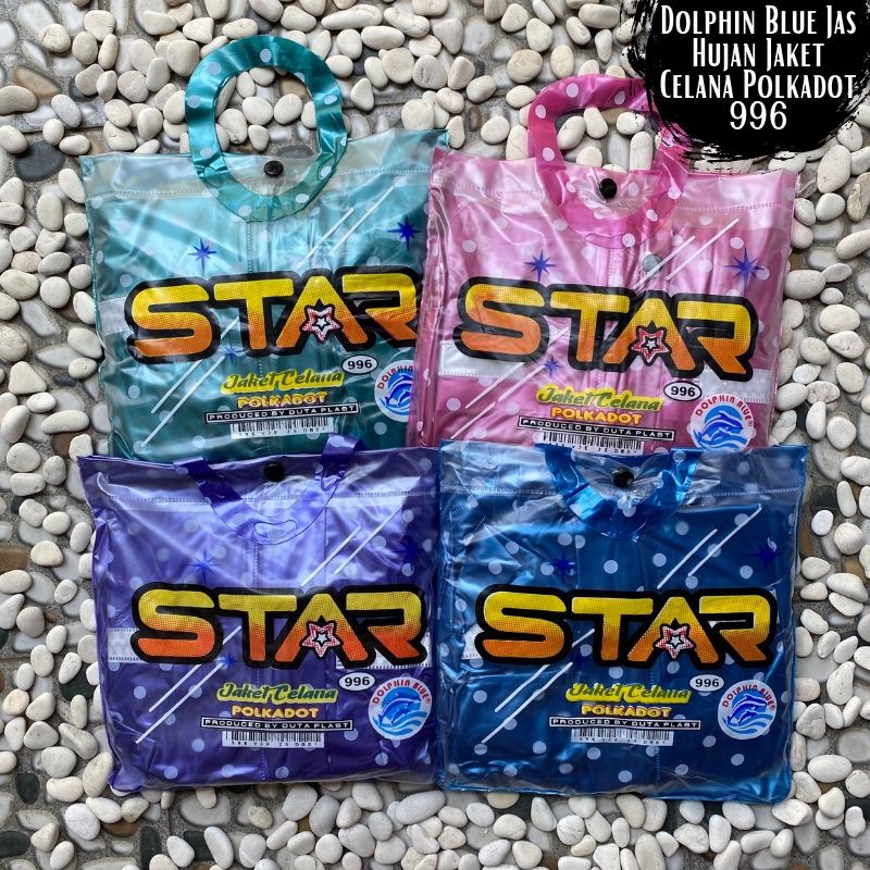 jas hujan setelan jaket celana star polkadot dolphin blue JC-996