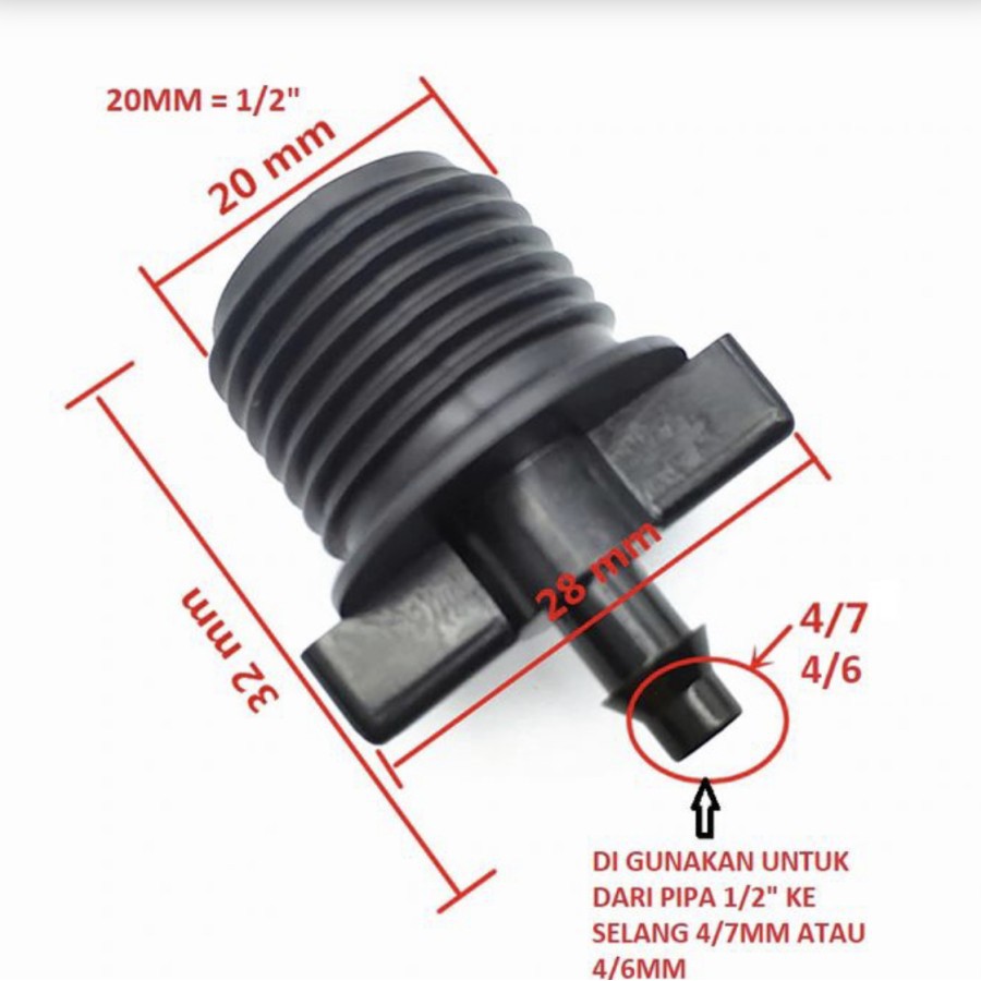 Konektor Pipa 1/2 inch Ke Selang Pe 4/7mm
