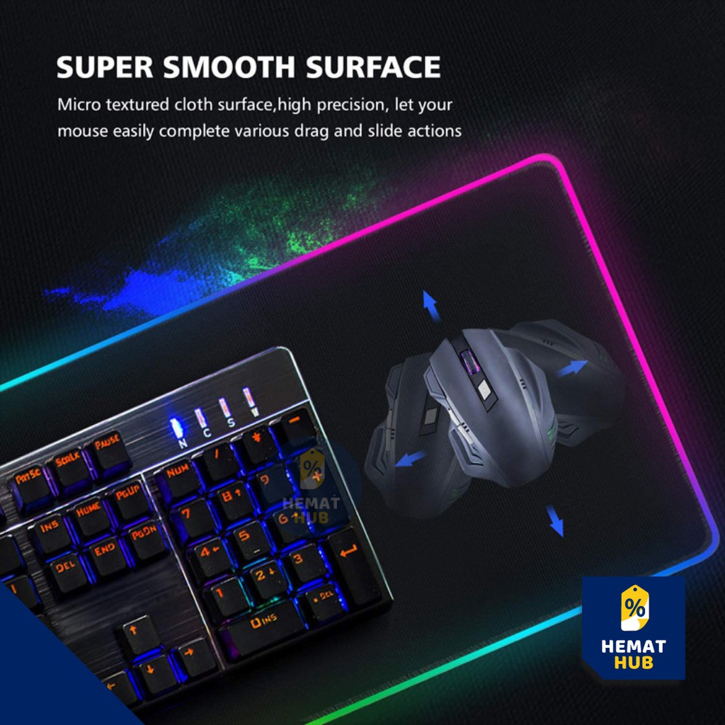 Mouse Pad Gaming RGB XL LED Glowing High Precision Jumbo Mousepad Besar USB Cable HematHub