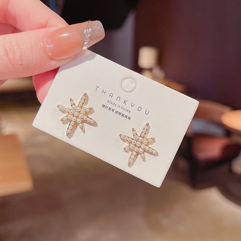 Anting Stud Desain Bintang Aksen Mutiara Bahan S925 silver needle Untuk Wanita