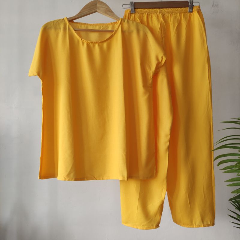 BAJU TIDUR POLOS PIYAMA POLOS CELANA PANJANG LENGAN PENDEK BAHAN RAYON babbydoll-POLOS KUNING GADING