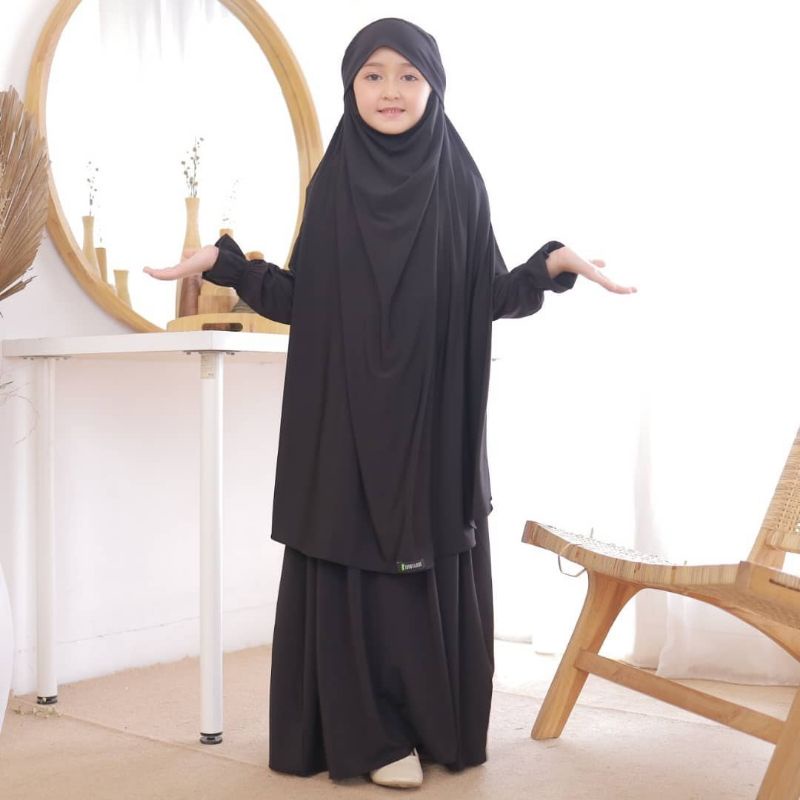 Gamis Anak French Khimar Fatimah Set ( Black - L )