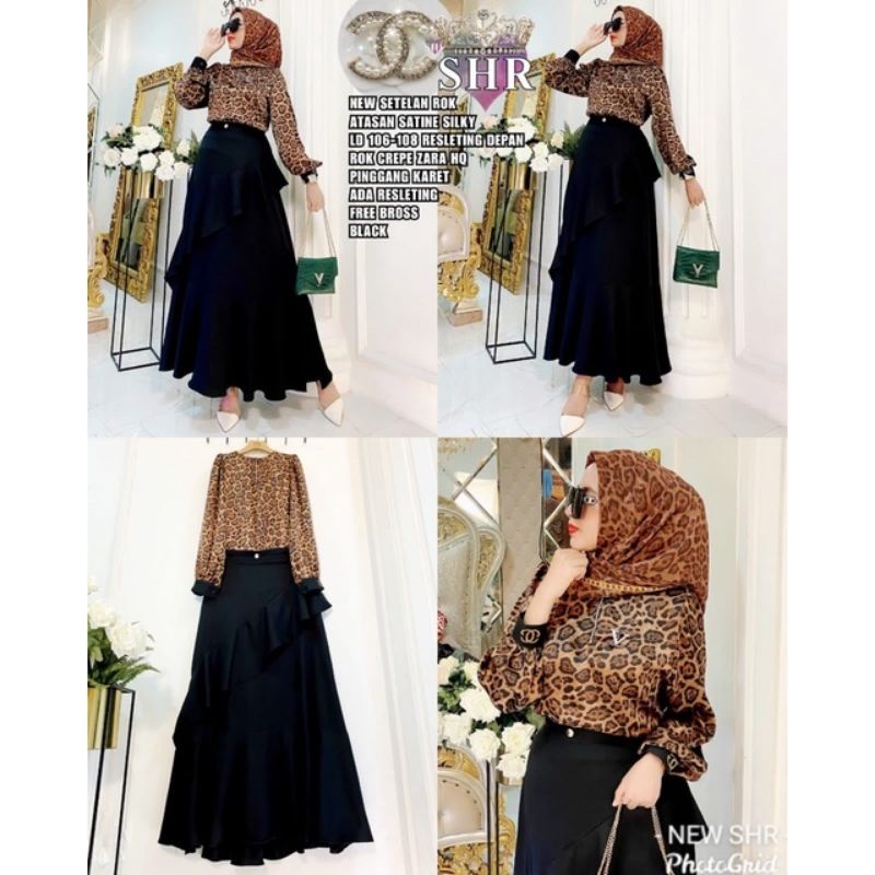 NEW SET ROK ATASAN SATIN SILK MOTIF LEOPARD FREE BROSS ORI SHR
