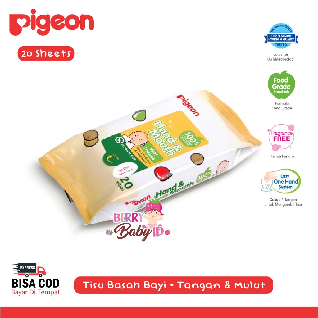 Pigeon Baby Wipes Hand &amp; Mouth Alcohol Free Tisu Basah Bayi 20 Sheet Berry Mart