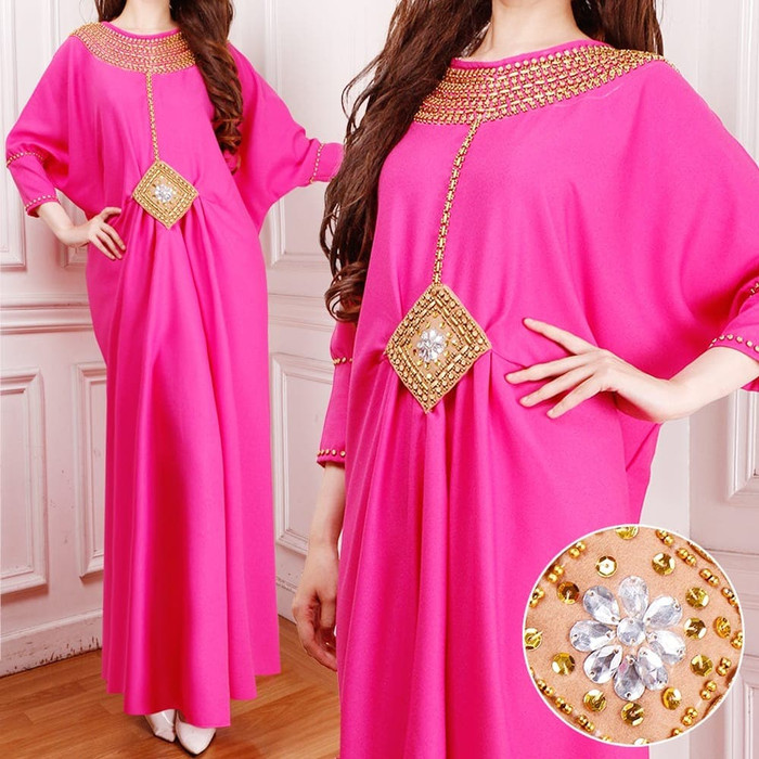 tankaftan- kaftan nurlela jumbo fanta swkaftan wanita wolly pink fanta -dress - muslim - wanita.