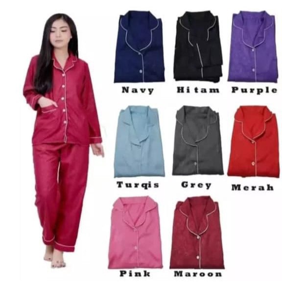 SET Piyama Wanita Dewasa Lengan Panjang Baju Tidur PP SATIN EMBOS