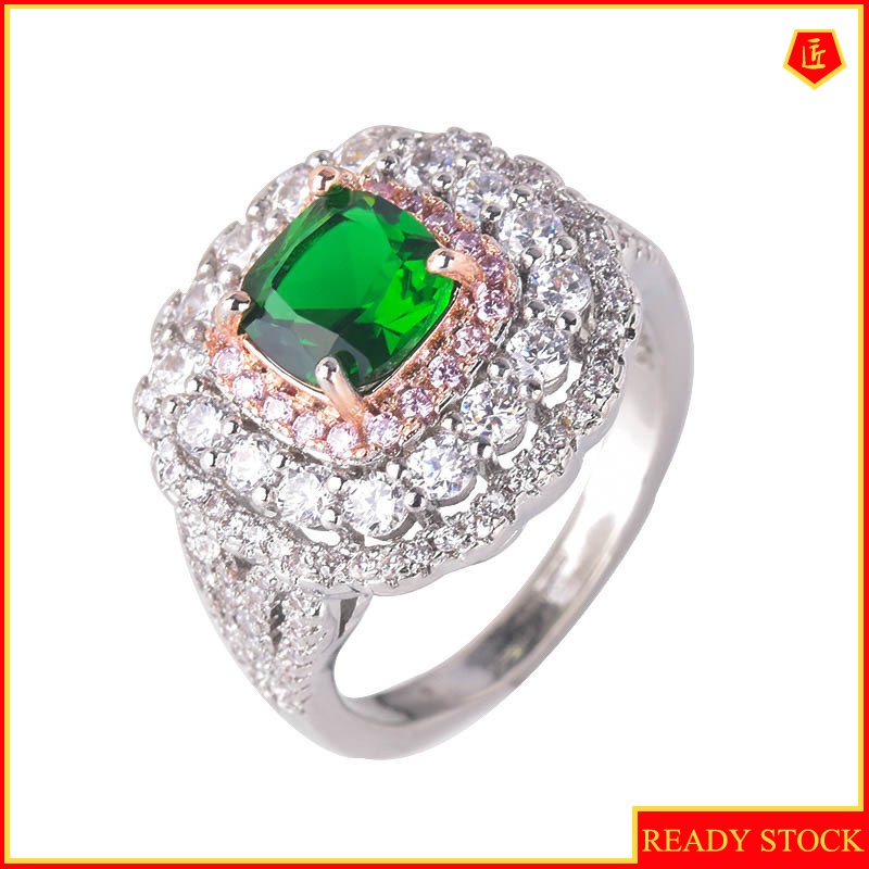 [Ready Stock]Fashion Inlaid Square Diamond Emerald Two-Tone Ring