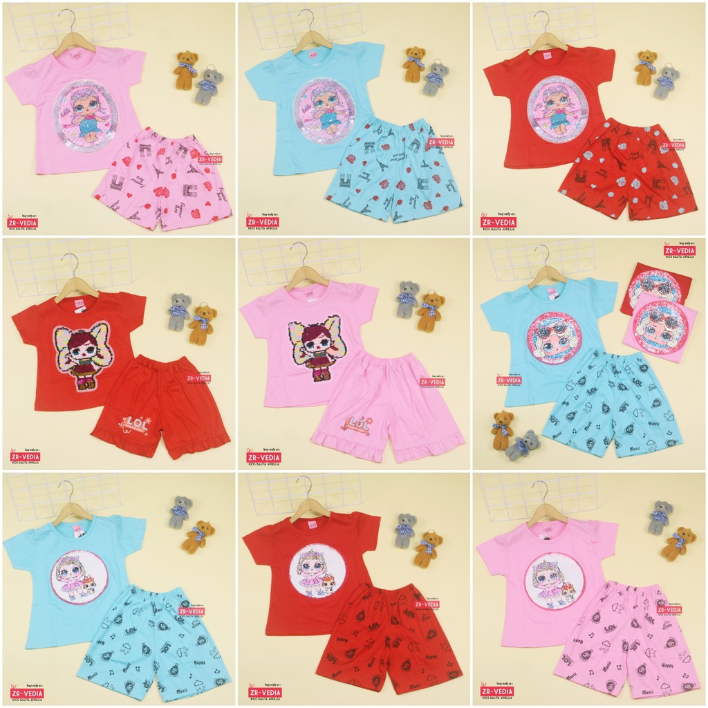 Setelan Queena uk 1-6 Tahun / High Quality Baju Anak Perempuan Lengan Kartun Pendek Cewek Kaos Usap