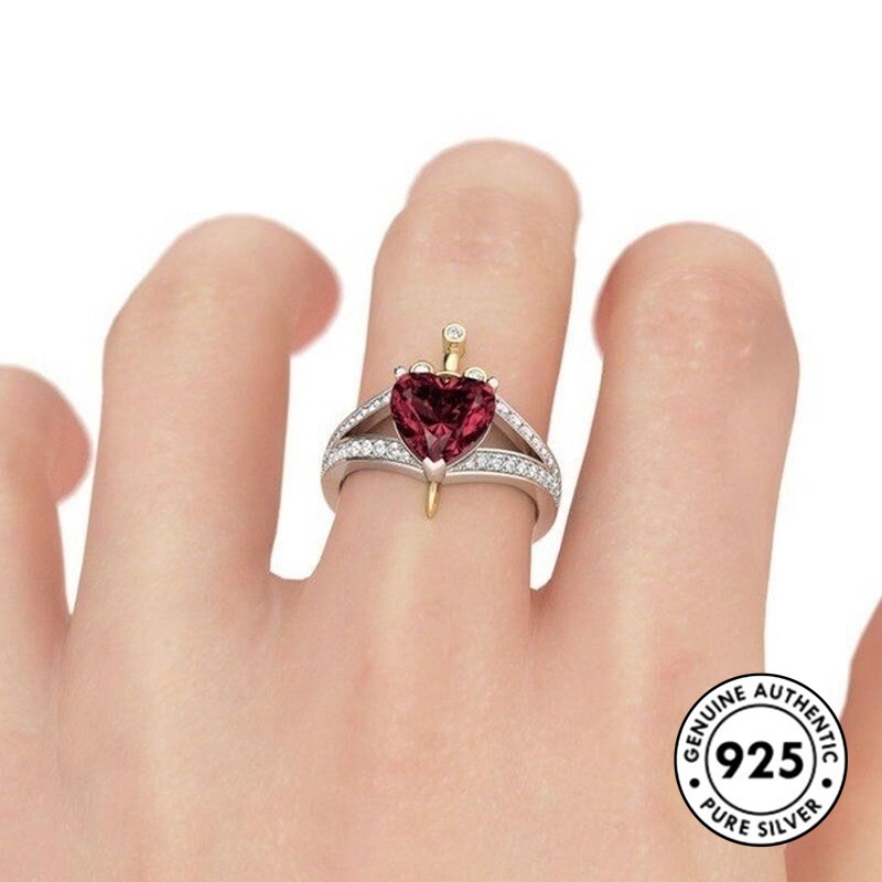 Cincin S925 Silver Ruby Bentuk Mahkota Hati