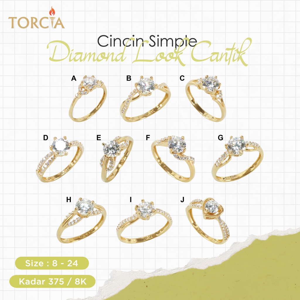 Cincin Emas Asli Diamond Look Simple Cantik Kadar 375 Torcia