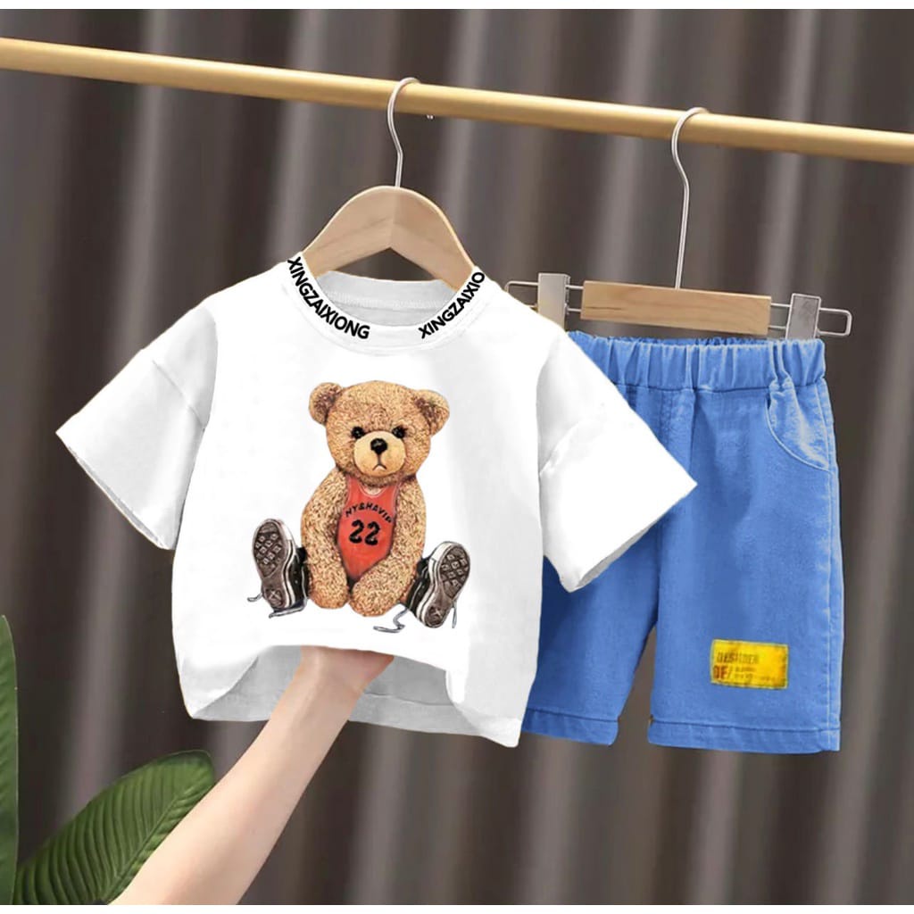 PROMO-SETELAN ANAK BAJU ANAK PAKAIAN ANAK KAOS DENIM SETELAN BEAR BASKET 1-5 TAHUN