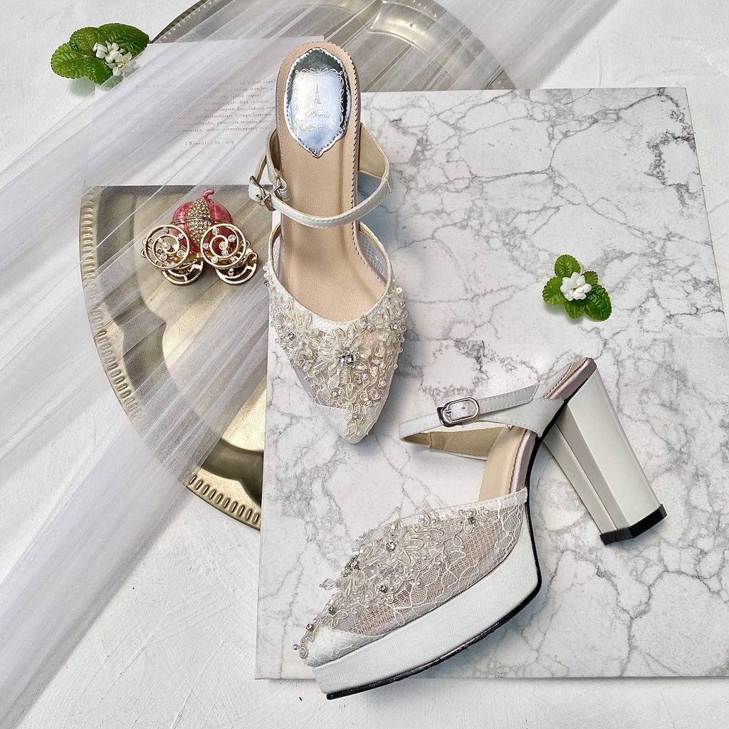 Ivory White Selop Sepatu Pesta / Wedding Wanita Block Heels 10cm AVEDA