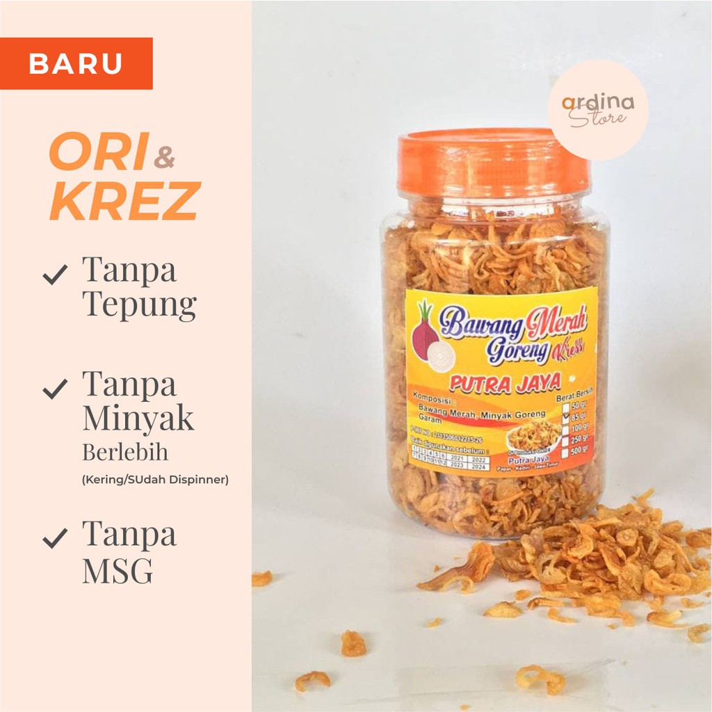 

BAWANG GORENG ORI Putra Jaya - Tanpa Tepung - Renyah - Tahan Lama / Kemasan Toples (85 gram)