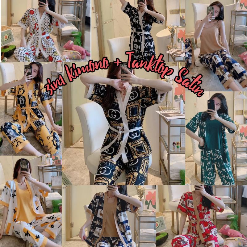 Set 3in1 baju tidur kimono wanita saten import / Kimono 3in1 satin import premium