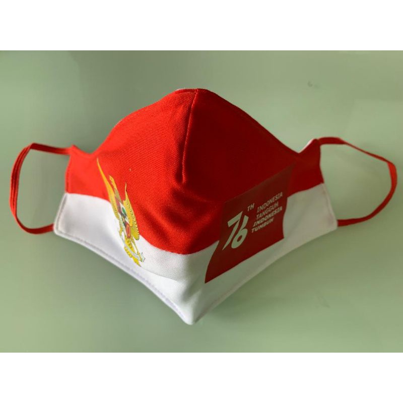 Isi 5 Masker DEWASA. MERAH PUTIH. 3 Lapis Kain Polyester Dryfit. Logo Garuda & HUT RI 76.