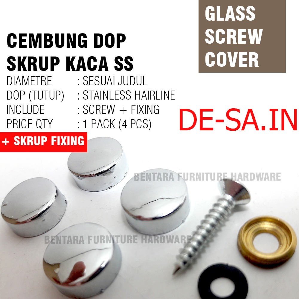 4 x HUBEN SKRUP KACA 12MM DOP SCREW CEMBUNG - SKHF-12 Stainless Steel Cover Cap Glass Mirror Standoff (DIAMETER 1.2 CM)