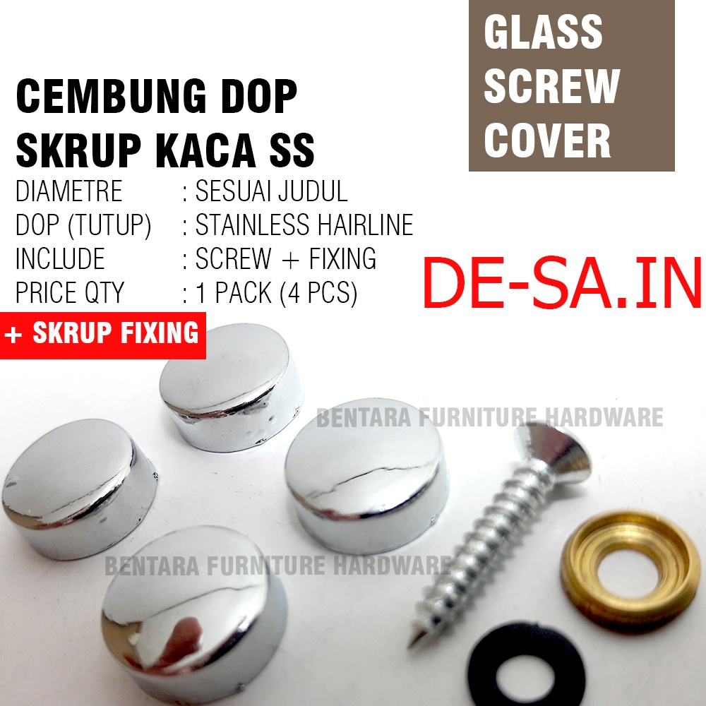 4 x HUBEN SKRUP KACA 14MM DOP SCREW CEMBUNG - SKHF-14 Stainless Steel Cover Cap Glass Mirror Standoff (DIAMETER 1.4 CM)