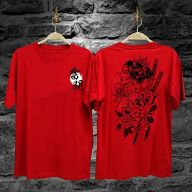 Anzafawzia Kaos distro Atasan Pria COD // KAOS SAMURAI WOMAN GEISHA WARNA MERAH//Grosir pakaian Atas
