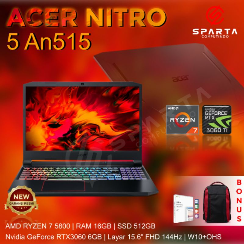 Laptop Gaming ACER NITRO 5 AN515 Ryzen 7 5800 RAM 16GB SSD 512 GB  RTX3060 6GB W10+OHS 15.6FHD 144Hz