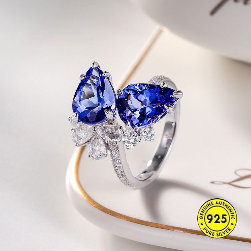 Cincin Berlian Sapphire Model Terbuka Dapat Disesuaikan Gaya Elegan Untuk Wanita