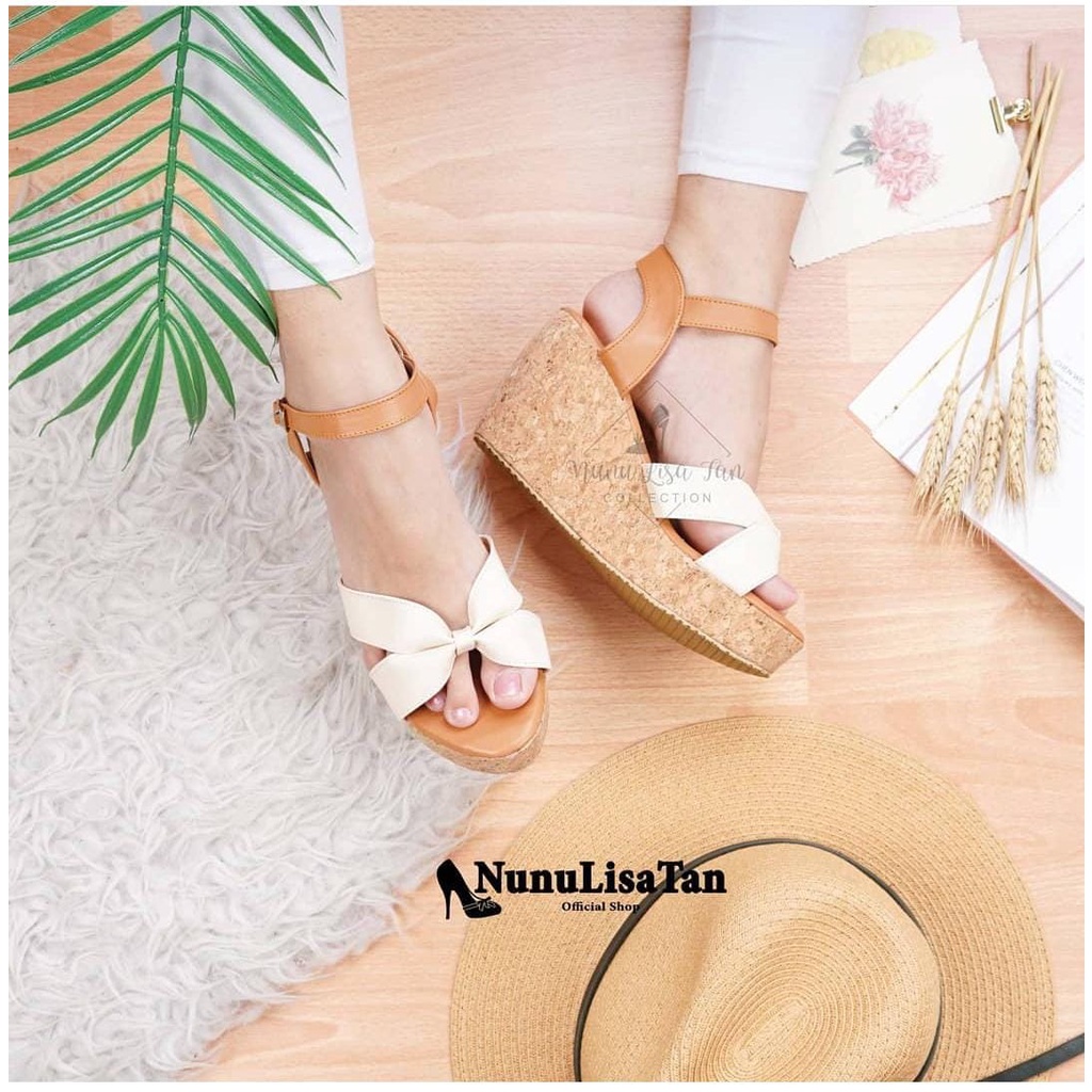 NunuLisaTan -  Sepatu Wedges Wanita Murah Tinggi 7cm Cream