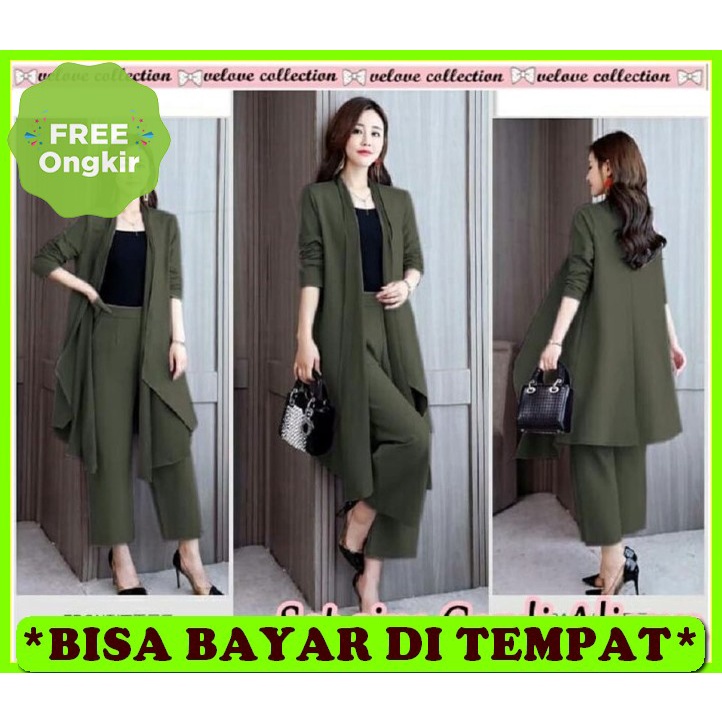 One Set Setelan Wanita Remaja Trend Kekinian Setelan Muslimah Wan BS146 Set 2In1 Cardi Alissya Army