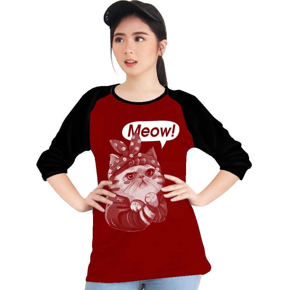 Kaos Raglan (MEOW)/Kaos Wanita Lengan 3/4/ Kaos Wanita/ Kaos Cowok/ Kaos Oblong/Misty