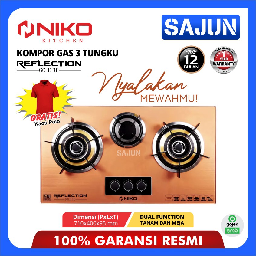 Niko Reflection Gold 3.0 Kompor Gas Tampered Glass Knob Otomatis