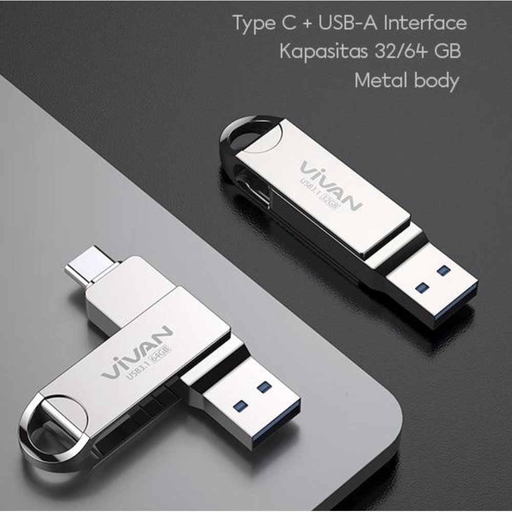 Vivan OTG Flashdisk 64 GB VOC264 - 32 GB VOC232 USB to Type C Metal Silver USB 3.1