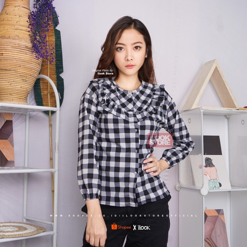 ilook | Monez Blouse | Blouse Motif Kotak | Bahan Creap - Fit to L-MONEZ - HITAM