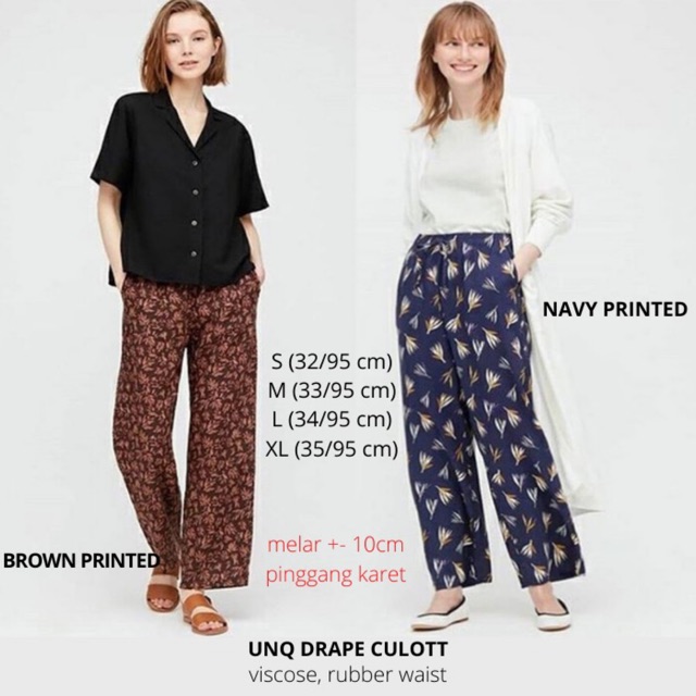 Celana kulot wanita motif branded UNIQLO original nyaman, longgar