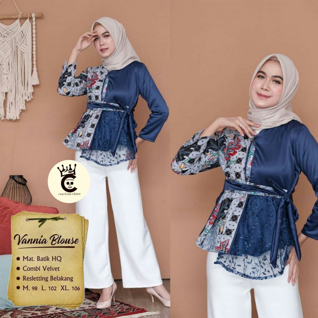 Atasan Blouse Batik Wanita Kerja- Blus Batik-Fashion Wanita Modern Kombinasi Brokat Tile  Velvet-navy
