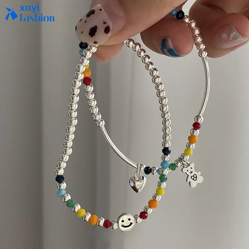 Gelang Tangan Silver Aksen Manik-Manik Motif Beruang / Awan / Smiley Untuk Wanita