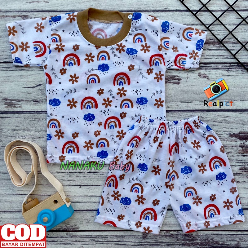 Setelan Baju Bayi Setelan Piyama Bayi Lengan Pendek Kancing Bahu Motif Pelangi Usia 3-12 Bulan Anababy.id