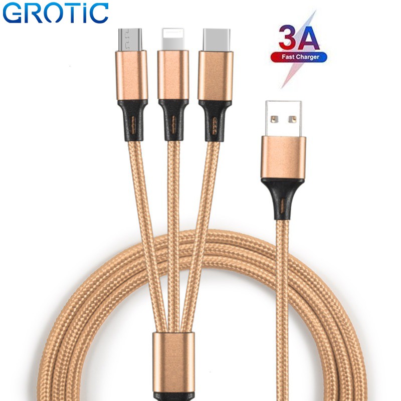 

GROTIC Kabel Charger 3 in 1 Micro USB Type C Lighning 3A Fast Charging 1.2M Nylon Braided Cable