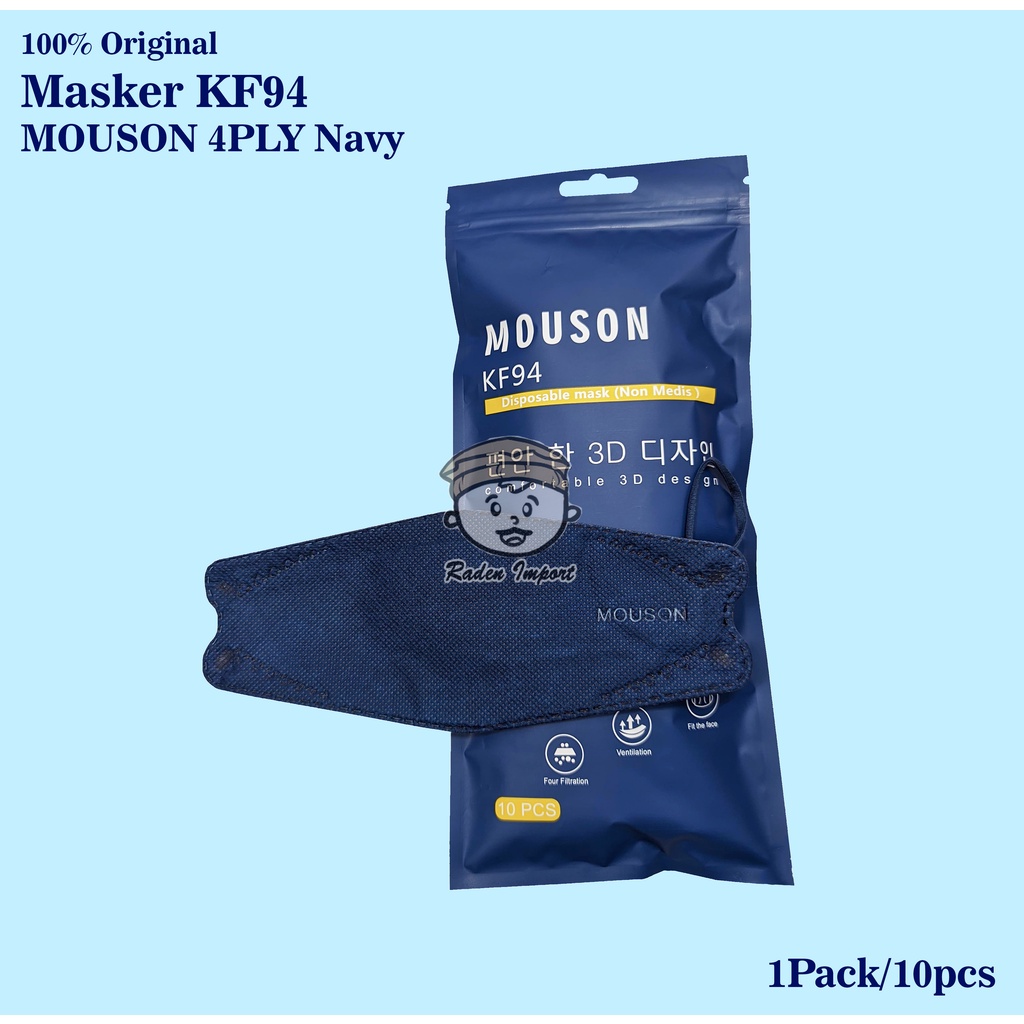 Masker KF94 MOUSON 4Ply Warna Navy Black White Biru Gelap Strong Colour Medis 4 Ply BFE 95% Premium 