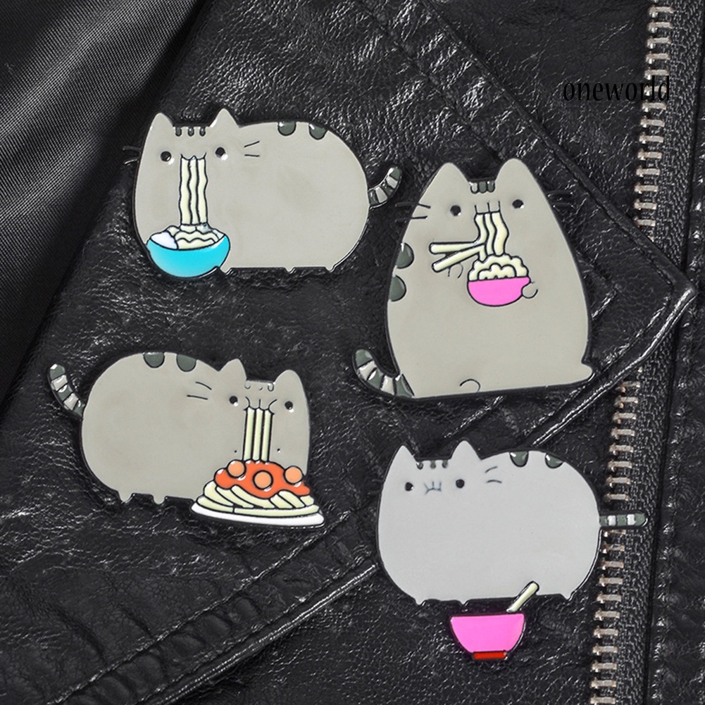 OW@ Cute Cartoon Fat Cat Eat Noodles Enamel Brooch Pin Collar Lapel Badge Jewelry