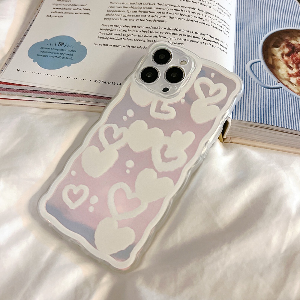 IPHONE Doodle Putih Cinta Hati Casing Ponsel Transparan Cover Dengan Film Laser Untuk Iphone7 8 PLUS X XR XS 11 12 13 14 MINI PRO MAX