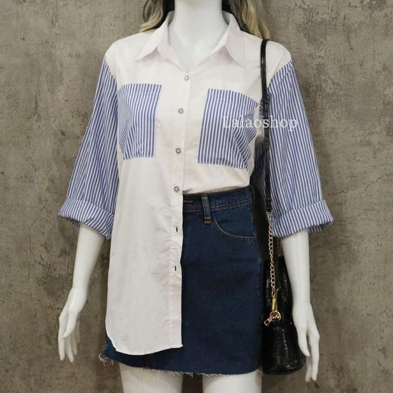 Zilla Blue White Stripe Two Pocket ( Kemeja putih mix garis biru )