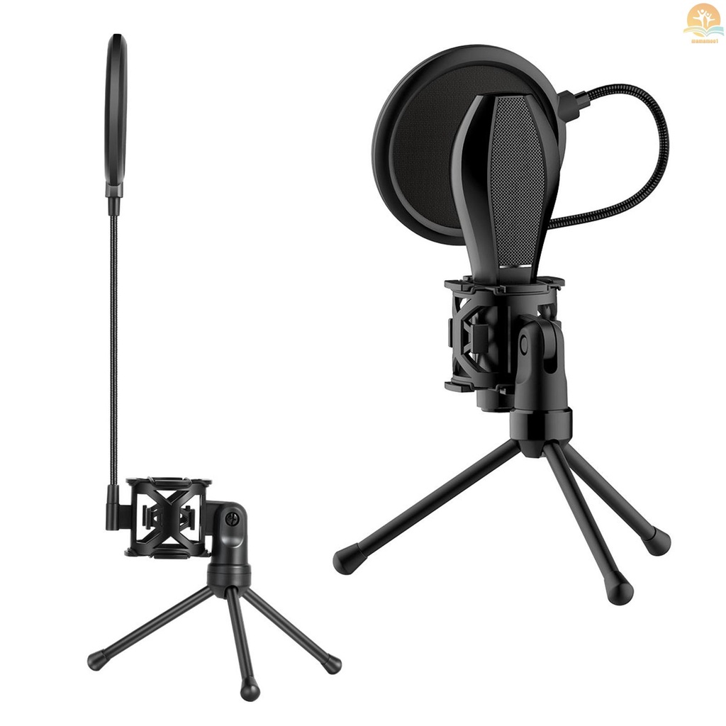 Desktop Microphone Tripod Stand Foldable Mic Stand with Shock Mount Portable Mic Holder Double-Net Pop Filter Gooseneck for Podcasts Internet Chat Meetings Lectures Online Show