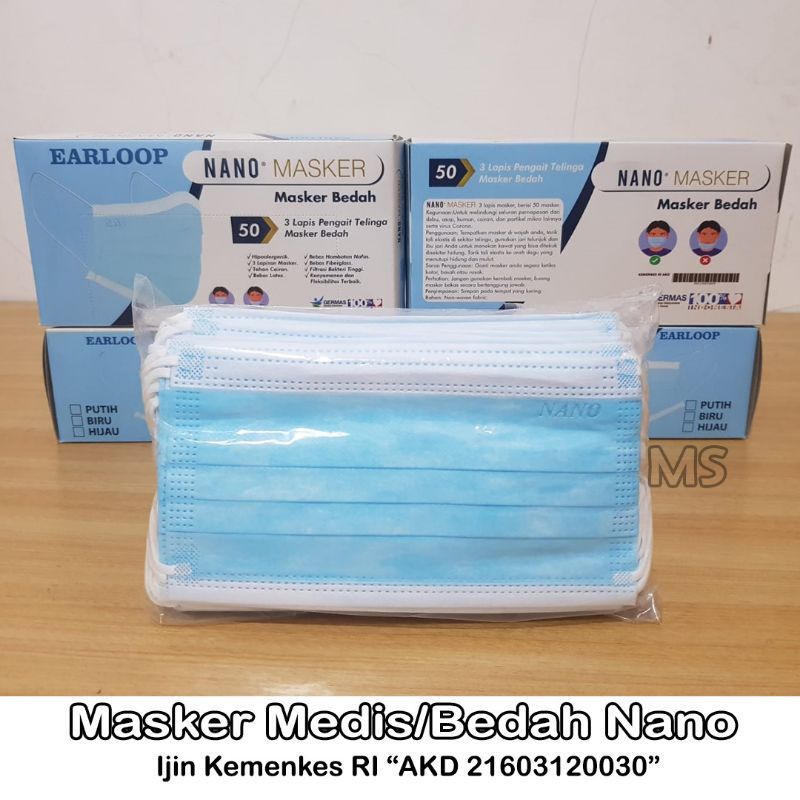 Masker Medis Nano isi 50 pcs 3 ply Earloop dan masker hijab Warna Biru Standard Kemenkes