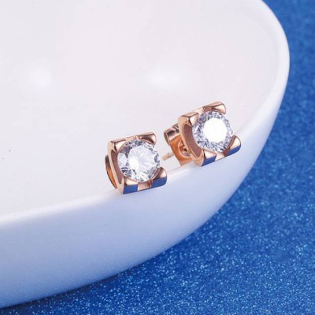 Anting Titanium Fashion Solitaire Korea Zircon Rose Gold - BE305