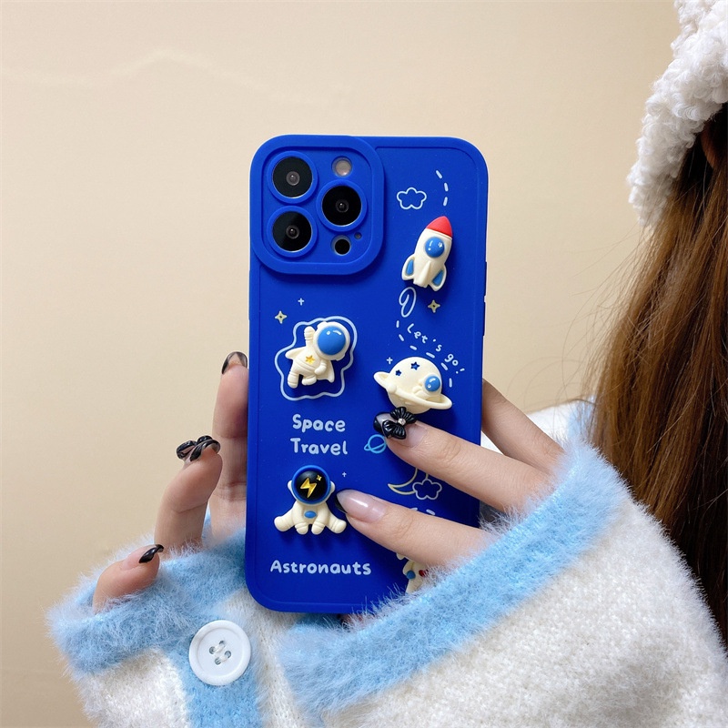 IPHONE Lucu 3D Astronot Dan Planet Klein Biru Perlindungan Penuh Casing Ponsel Cover Untuk Iphone7 8 PLUS X XR XS 11 12 13 PRO MAX SE2 SE3