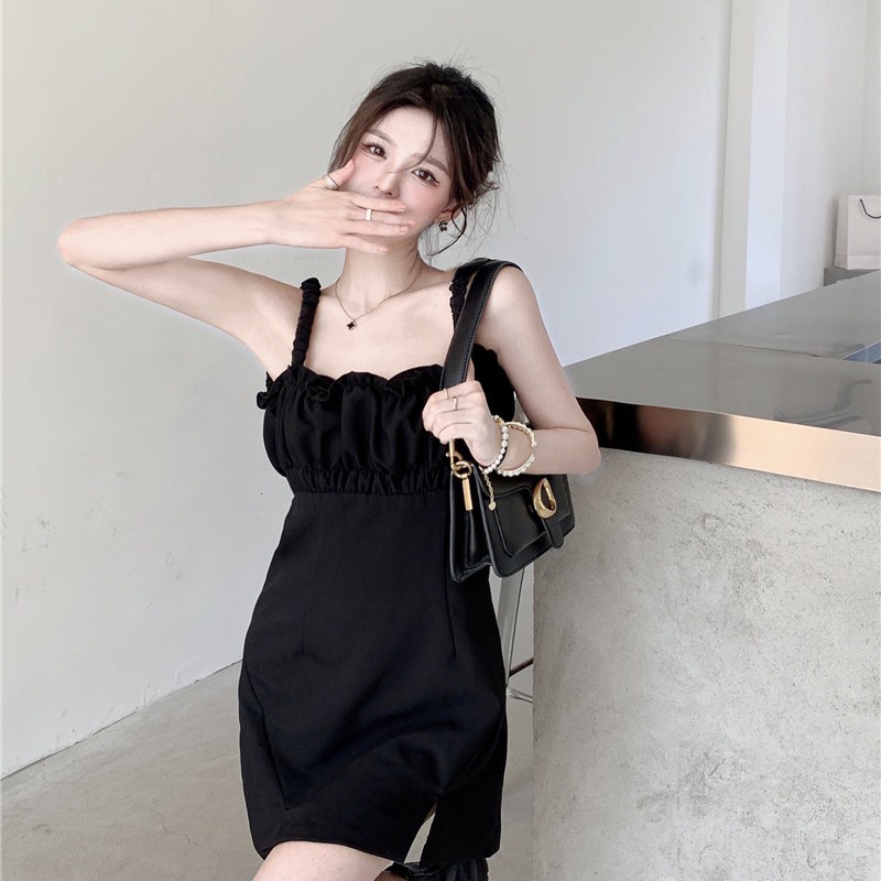 Gaun gaya korea wanita backless lipit tepi jamur suspender dress French square neck hitam A-line rok