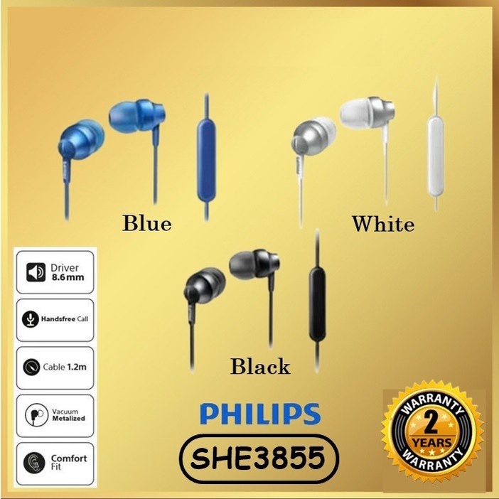 Philips SHE3855 Stereo Earphone with Mic Headset Headphone SHE 3855