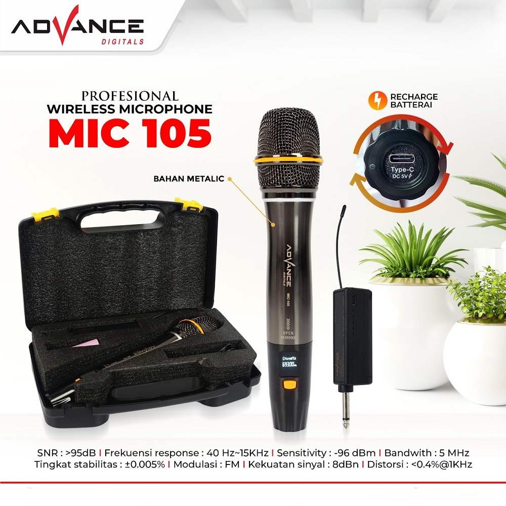 Advance Digitals Mic-105 Microphone Profesional Mic Wireless Gold Bisa di Charger Metalic Silver I Garansi Resmi 1 tahun