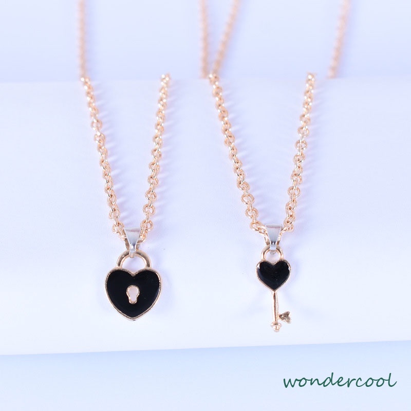 2 Pcs Fashion Wanita Trendi Kunci Liontin Link Rantai Kalung Hati Pasangan Pecinta Kalung-Won