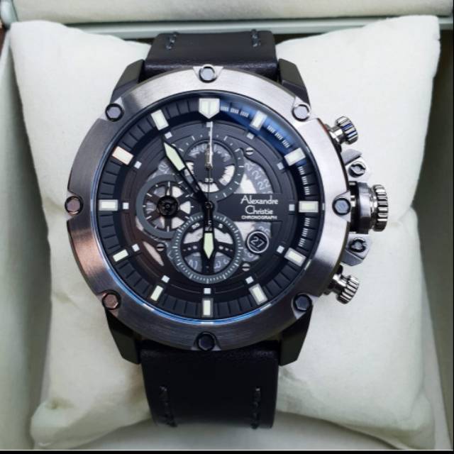 Jam Pria Alexandre Christie AC6416 Original Tali Kulit Hitam Abu