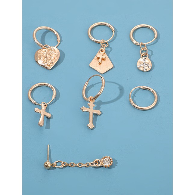 LRC Anting Tusuk Fashion Golden Love Cross Set With Diamonds Earrings D64414