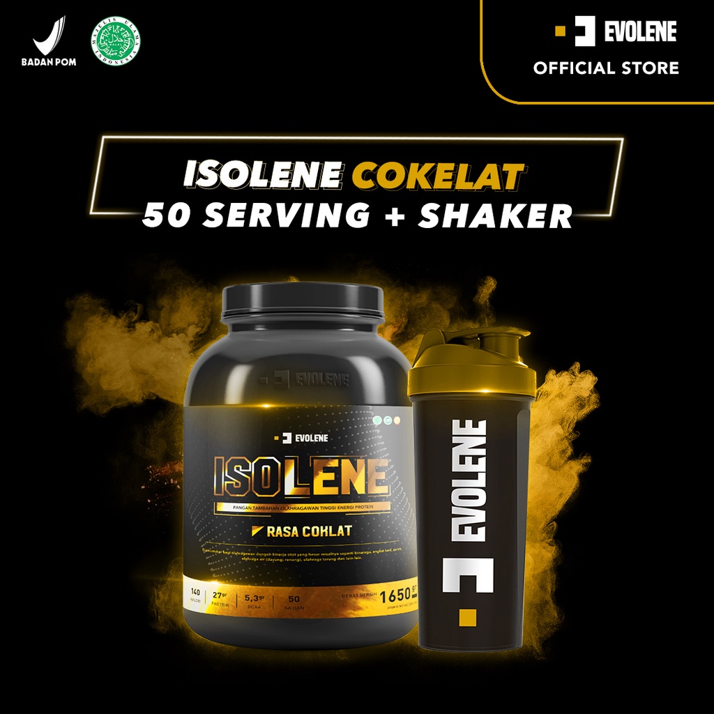 Isolene Rasa Coklat 50 Serving Free Shaker- Suplemen fitness pembentuk Otot - Defisit kalori - Susu Protein - Suplemen Fitness - Minuman Protein - Suplemen Workout - Whey protein isolate Evolene Evoline Evolen